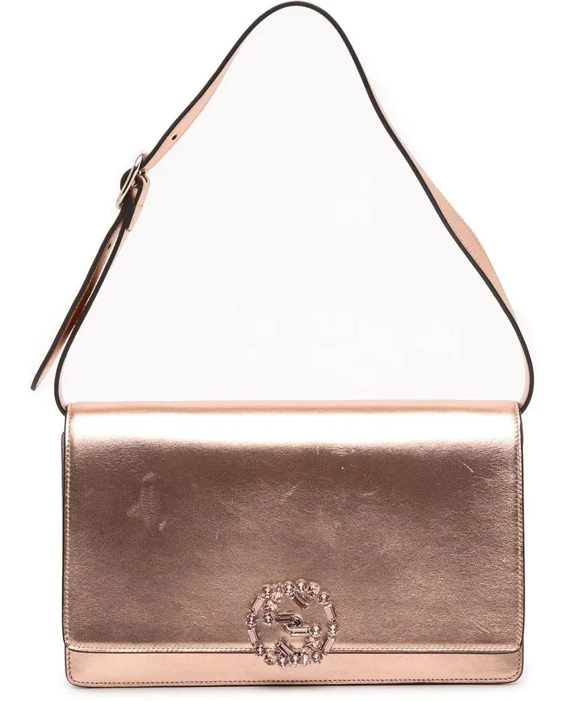 Gucci Hobo Bags Metallic Leather Crystal Embellished Broadway Clut rosa Gold
