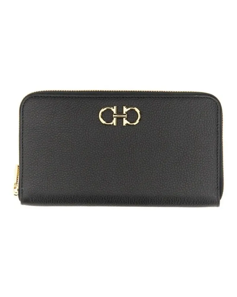 Ferragamo Portemonnaie Textured Black Calfskin Gancini Wallet schwarz Schwarz