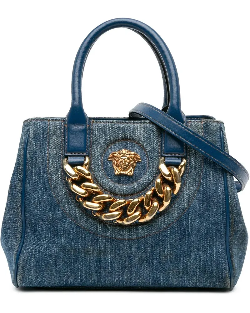 Versace Hobo Bags Small Denim La Medusa Chain Top Handle Bag blau Blau