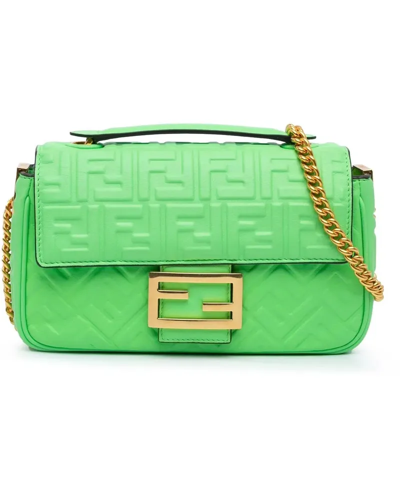 Fendi Hobo Bags Zucca Embossed Leather Chain Midi Baguette grün Grün