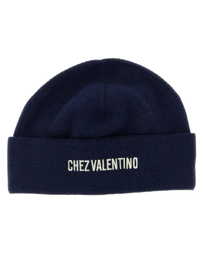 Valentino Garavani Caps & Mützen Contrast Embroidered Blue Beanie blau Blau