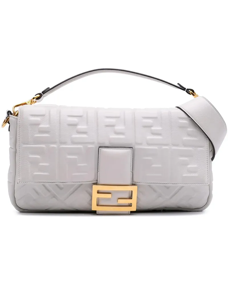 Fendi Hobo Bags Large Zucca Embossed Leather Baguette Satchel weiß Weiß