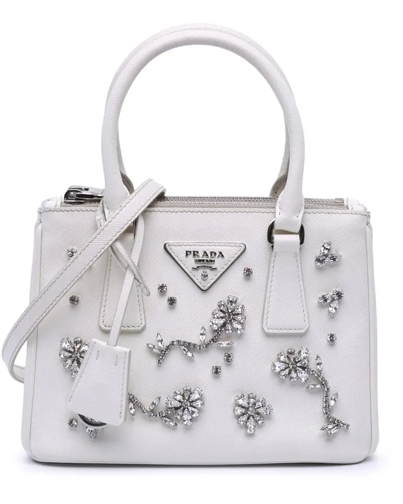 Prada Hobo Bags Mini Saffiano Lux Crystal Embellished Galleria Dou weiß Weiß