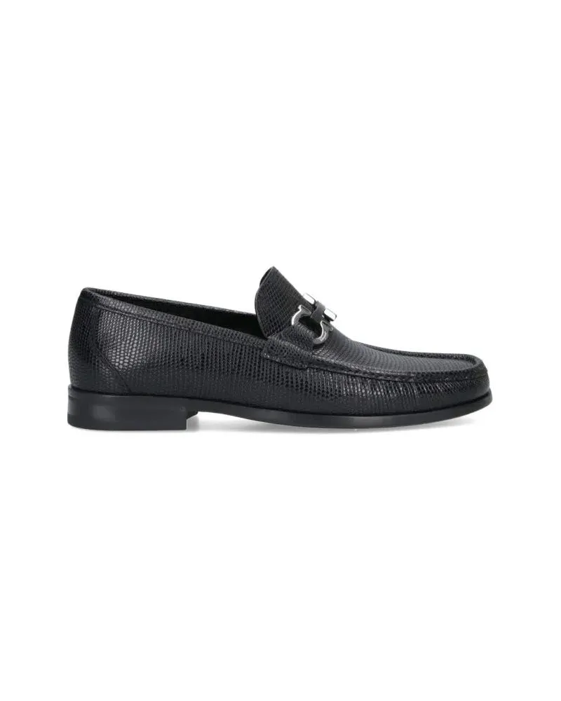 Ferragamo Loafer Textured Black Leather Loafers With Metallic Bit D schwarz Schwarz
