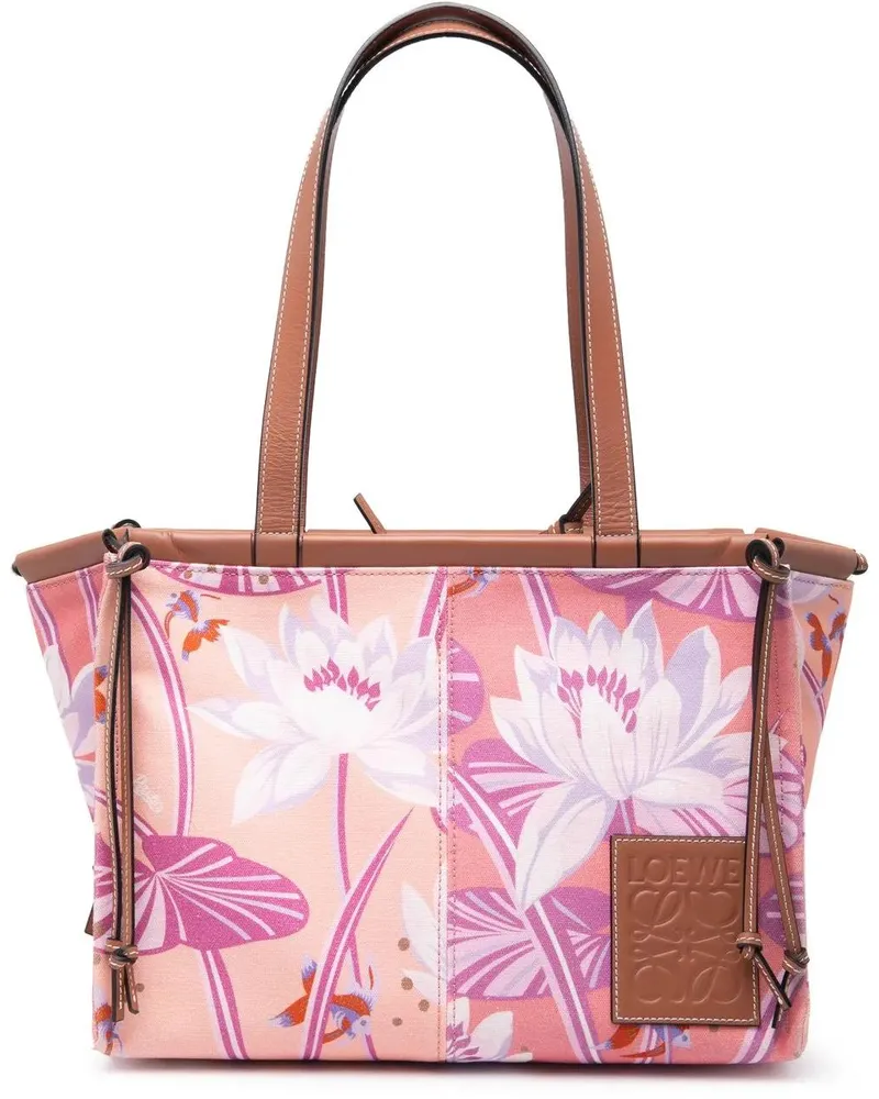 Loewe Shopper Paulas Ibiza Small Canvas Waterlily Print Cushion rosa Gold