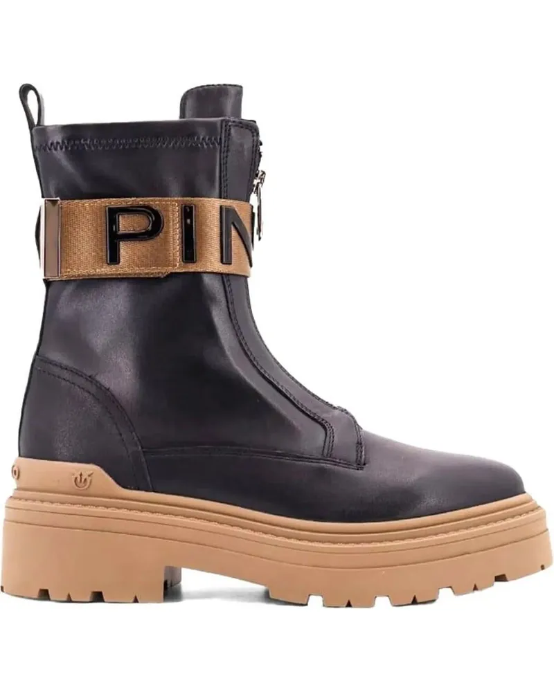 Pinko Stiefel Stretch Leather Biker Lace-Up With Gold Buckle schwarz Schwarz