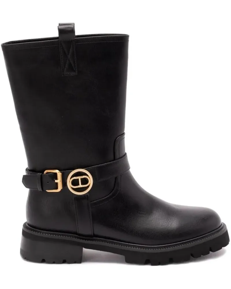 Twin-Set Stiefel Mid-Calf Black Leather Boots With Buckle Fastening schwarz Schwarz
