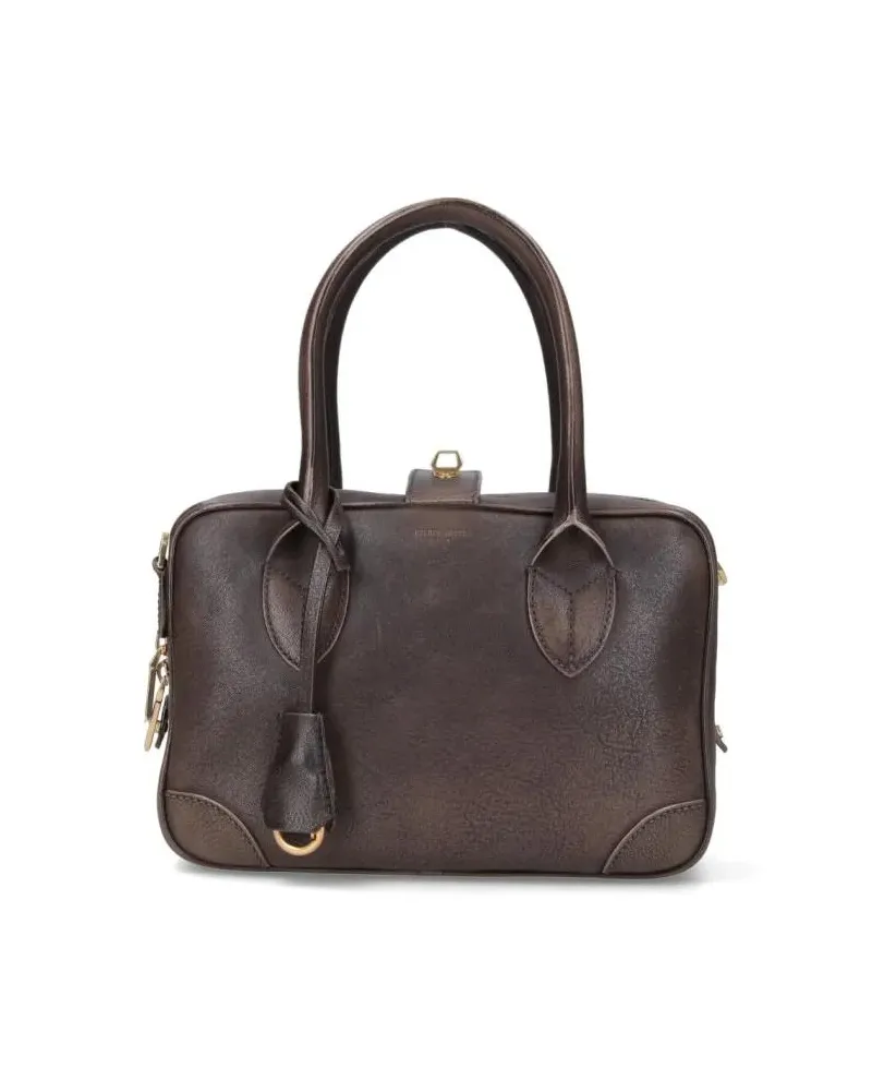 Golden Goose Hobo Bags Rectangular Brown Leather Handbag With Gold-Tone H braun Braun