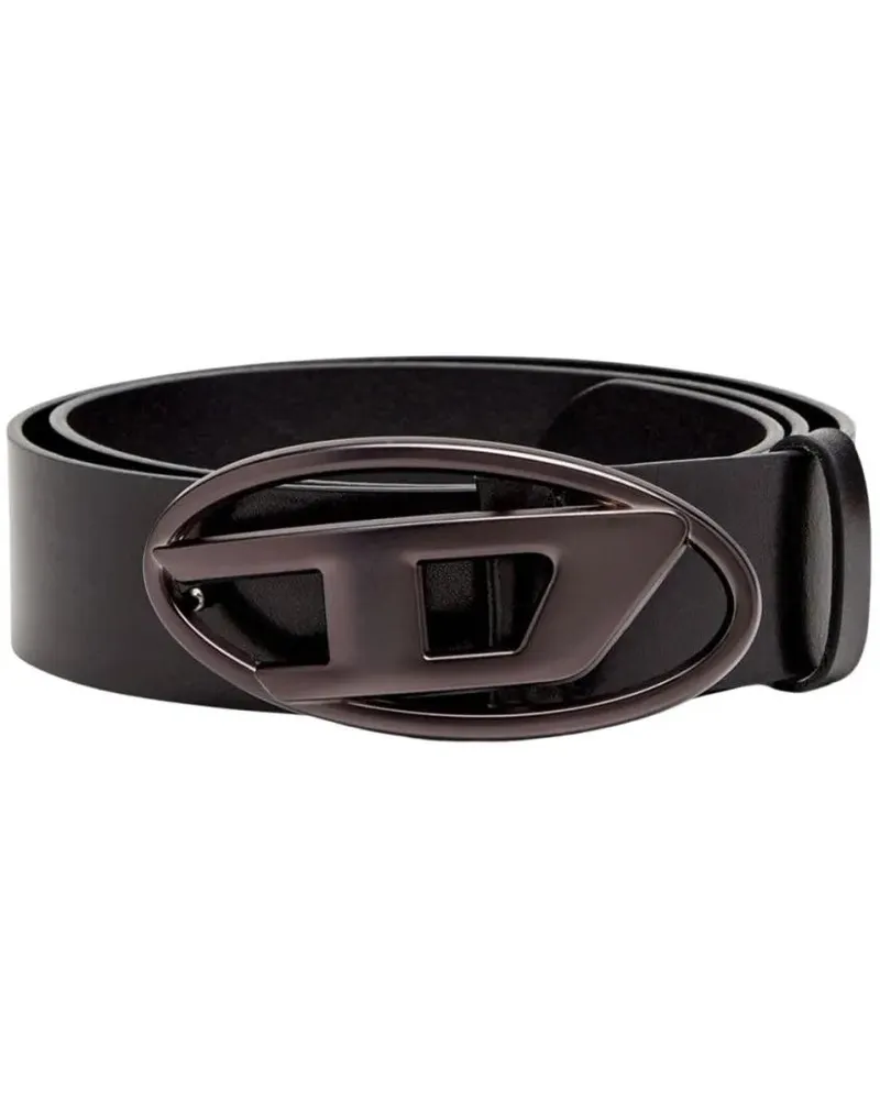 Diesel Gürtel Black Leather Belt With Geometric Oval Buckle schwarz Schwarz