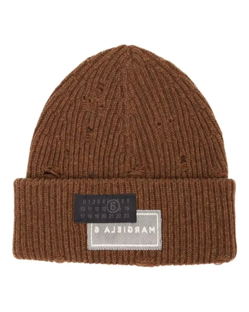 Maison Margiela Caps & Mützen Ribbed Knit Beanie With Distressed Details braun Braun