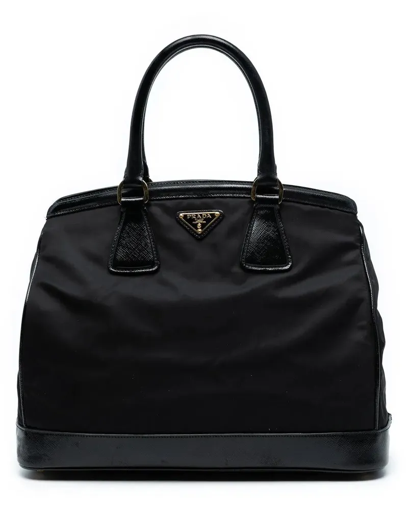Prada Shopper Saffiano Vernice Trimmed Tessuto Parabole Tote schwarz Schwarz
