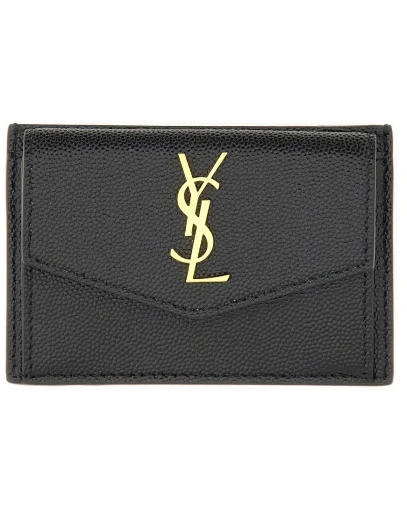 Saint Laurent Portemonnaie Textured Calfskin Card Holder With Gold-Tone Closu grau Grau