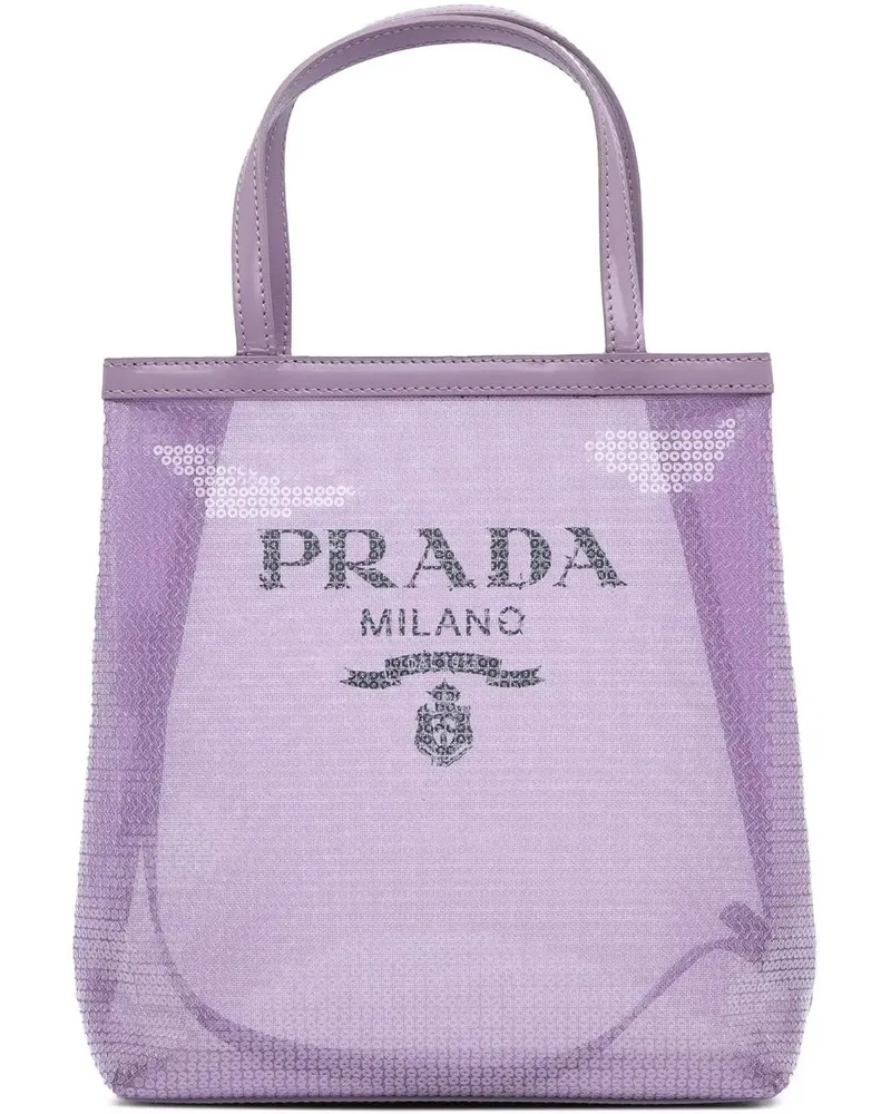Prada Shopper 2000-2013 Small Sequined Mesh Logo Tote lila Lila