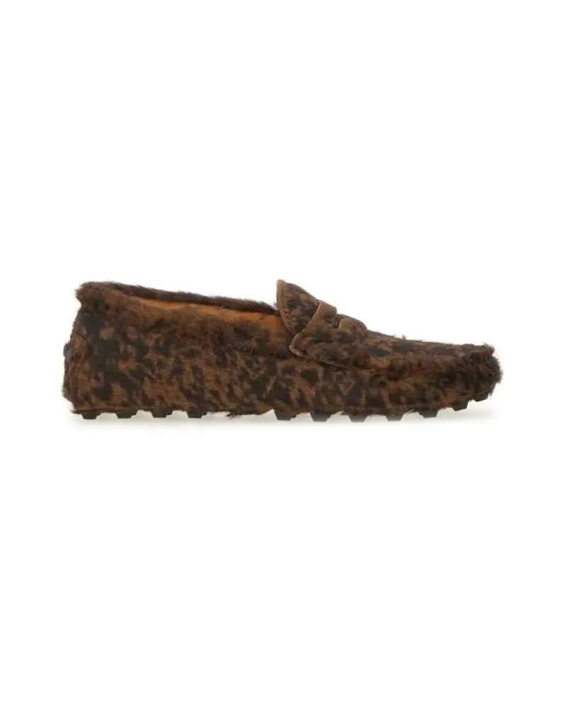 TOD'S Textured Calfskin Leather Moccasins With Leopard P braun Braun