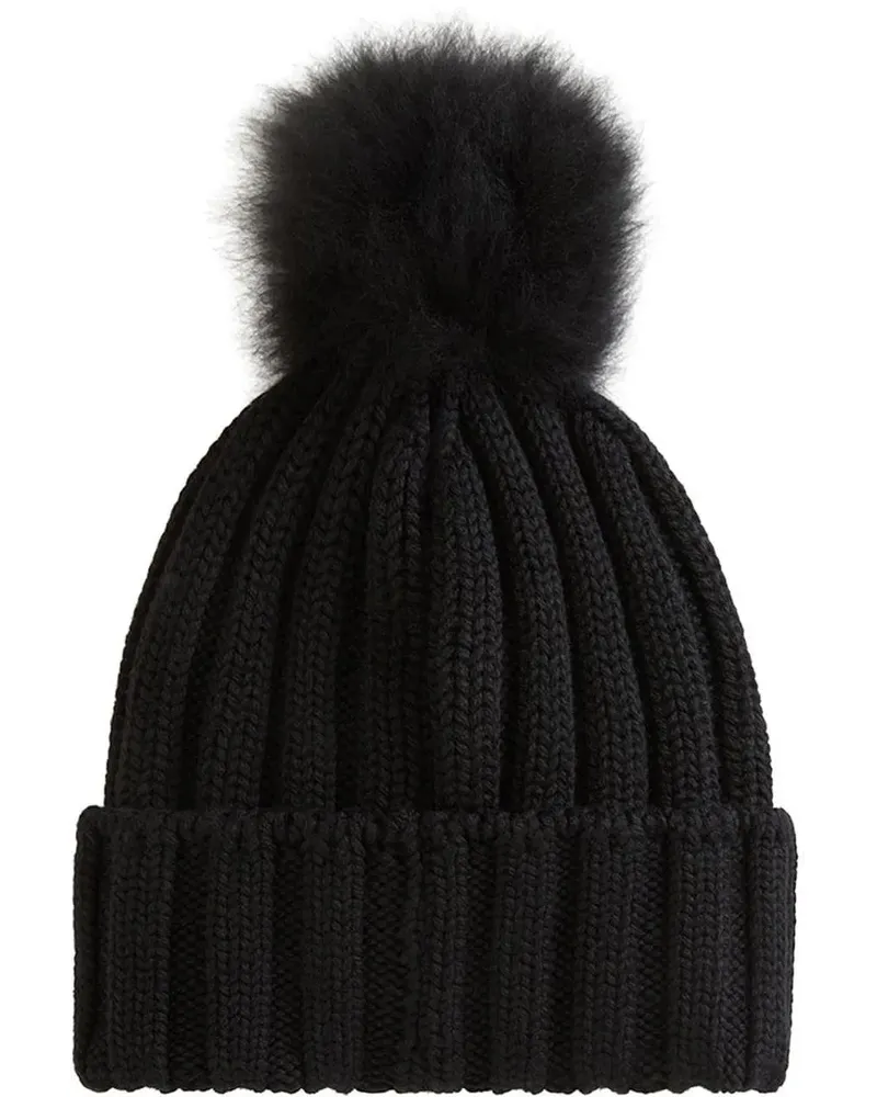 Woolrich Caps & Mützen Beanie Cash Pom Pom Black schwarz Schwarz