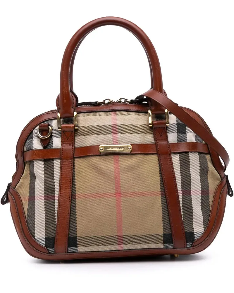 Burberry Hobo Bags Small Leather Trimmed House Check Canvas Bridle Or braun Braun