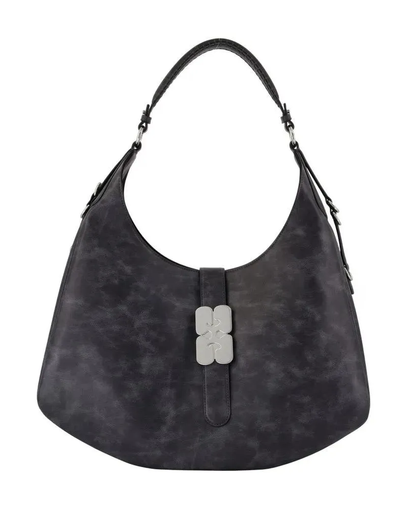 Ganni Hobo Bags Large Textured Leather Shoulder Bag schwarz Schwarz