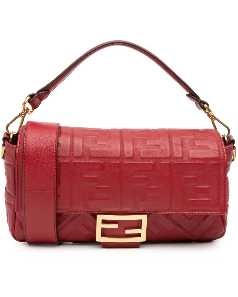 Fendi Hobo Bags Zucca Embossed Leather Baguette Satchel rot Rot