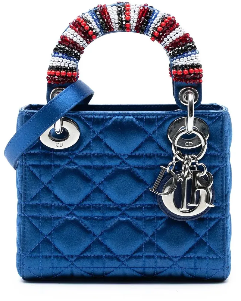 Dior Hobo Bags Mini Satin Cannage Beaded Handle Lady Dior blau Blau