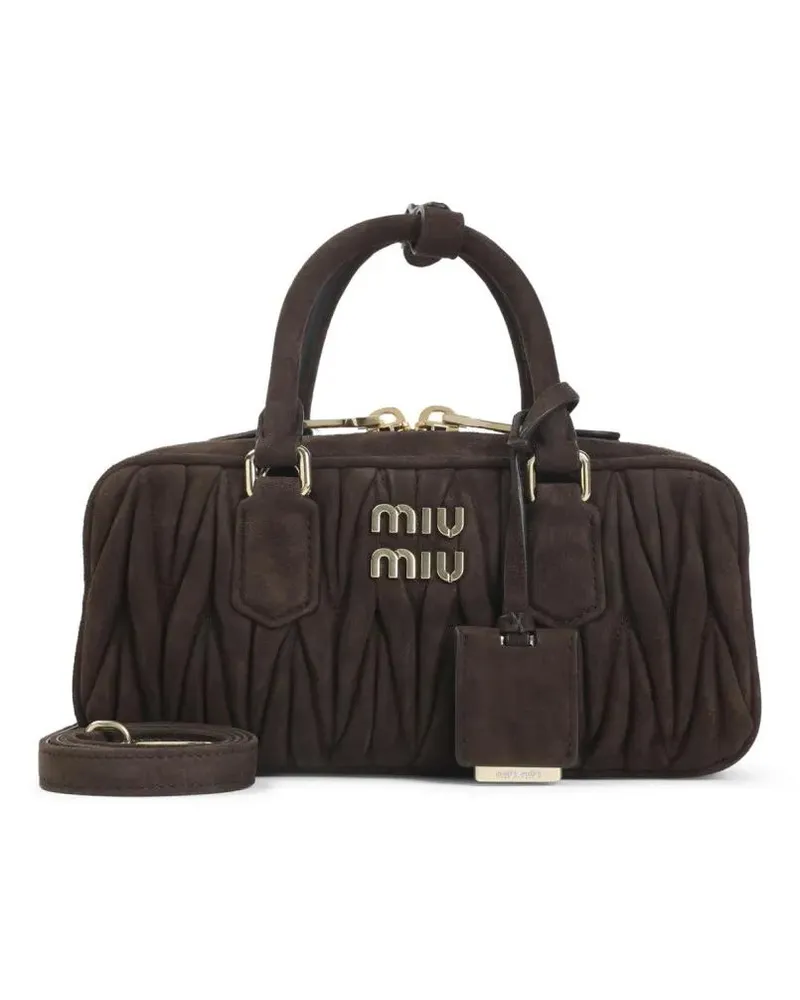 Miu Miu Hobo Bags Quilted Brown Lamb Leather Shoulder Bag With Logo schwarz Schwarz
