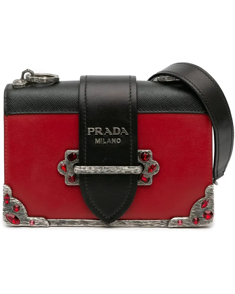 Prada Hobo Bags Saffiano Trimmed City Calf Crystal Cahier Crossbod rot Rot