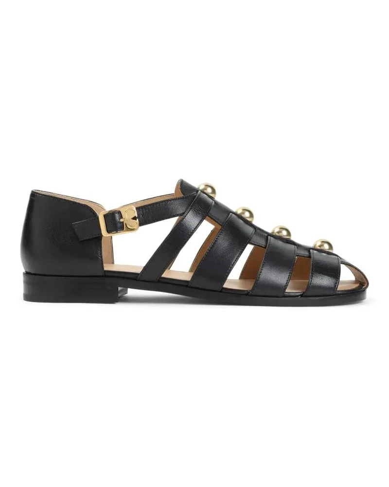 Valentino Garavani Loafer Black Leather Sandals With Decorative Metal Accent schwarz Schwarz