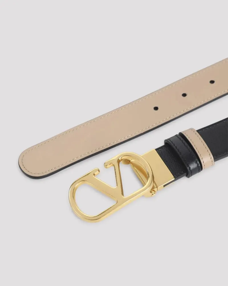 Valentino Garavani Gürtel Black Calf Leather Belt With Gold-Tone Logo Buckle beige Beige