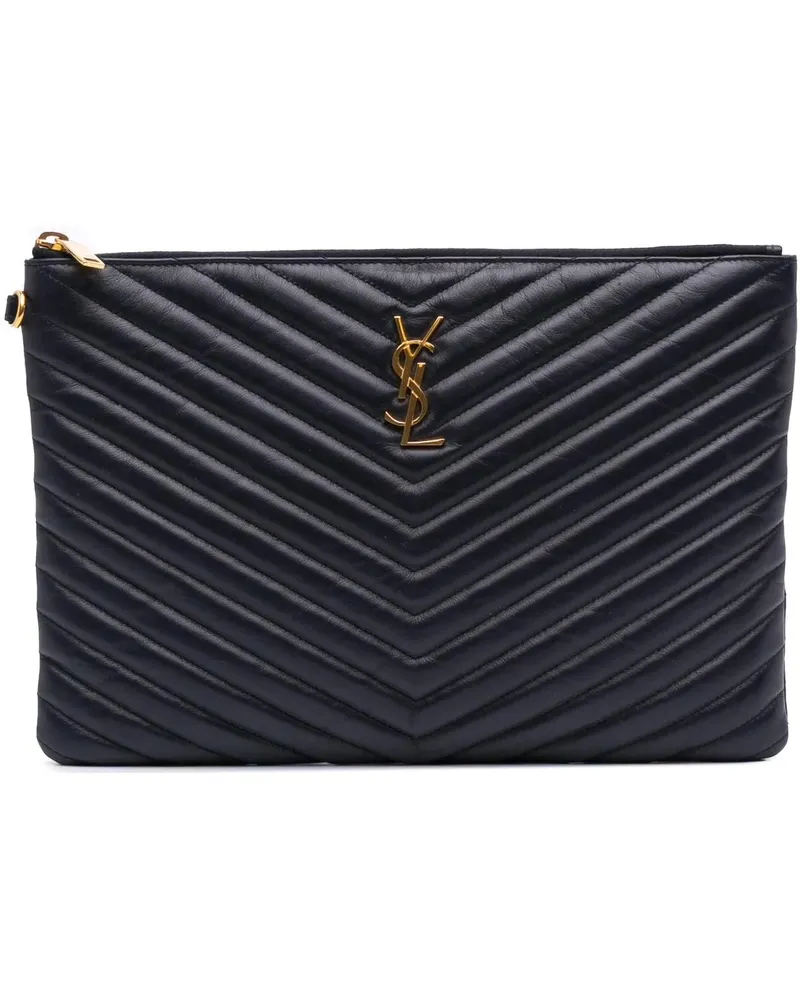 Saint Laurent Clutches Leather Chevron Monogram Document Holder blau Blau