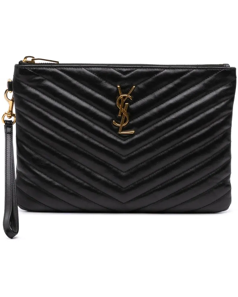 Saint Laurent Clutches Chevron Leather Monogram Zip A5 Wristlet Pouch schwarz Schwarz