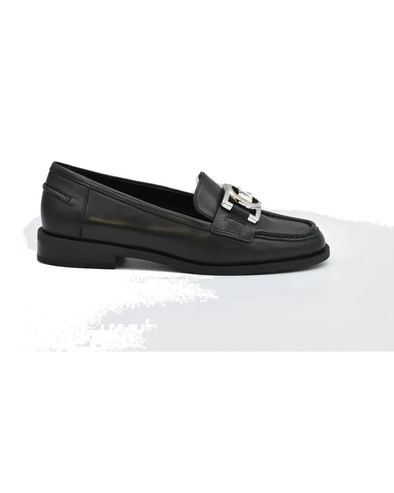 Michael Kors Lace-Up Black Leather Flats With Silver Hardware schwarz Schwarz