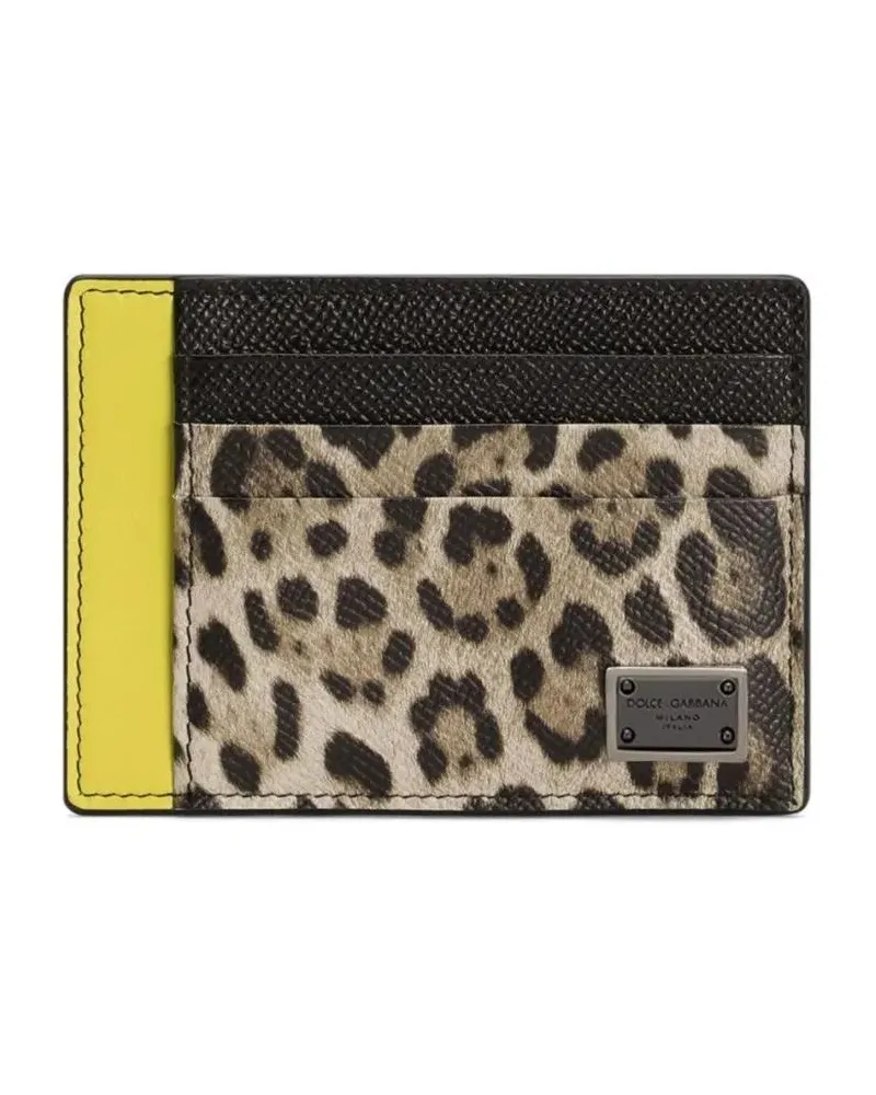 Dolce & Gabbana Portemonnaies Leopard Print Card Holder With Logo Plaque And Yel schwarz Schwarz