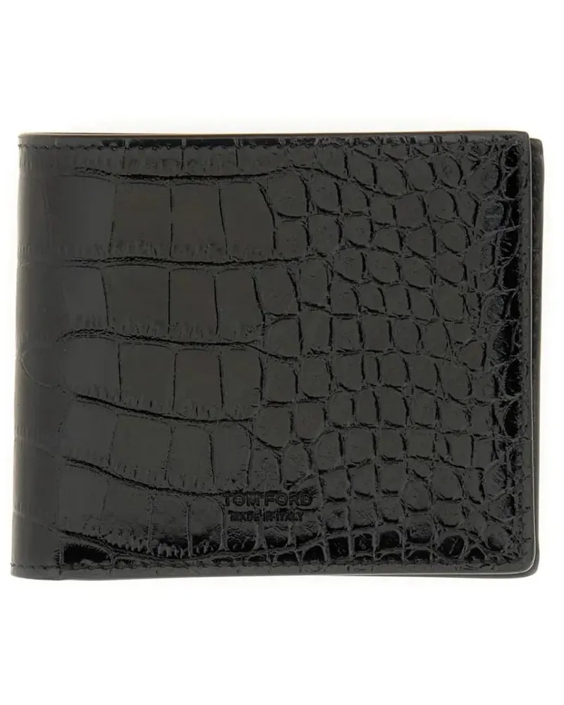Tom Ford Portemonnaies Textured Leather Bifold Wallet With Crocodile Patt schwarz Schwarz