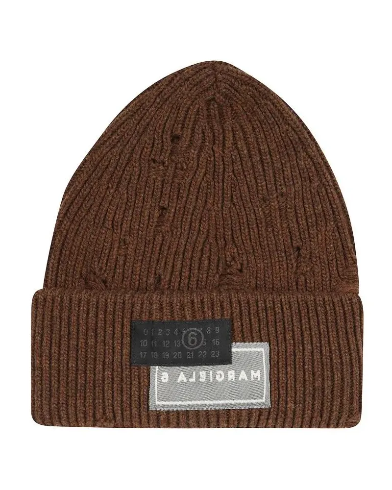 Maison Margiela Caps & Mützen Ribbed Knit Beanie With Distressed Details braun Braun