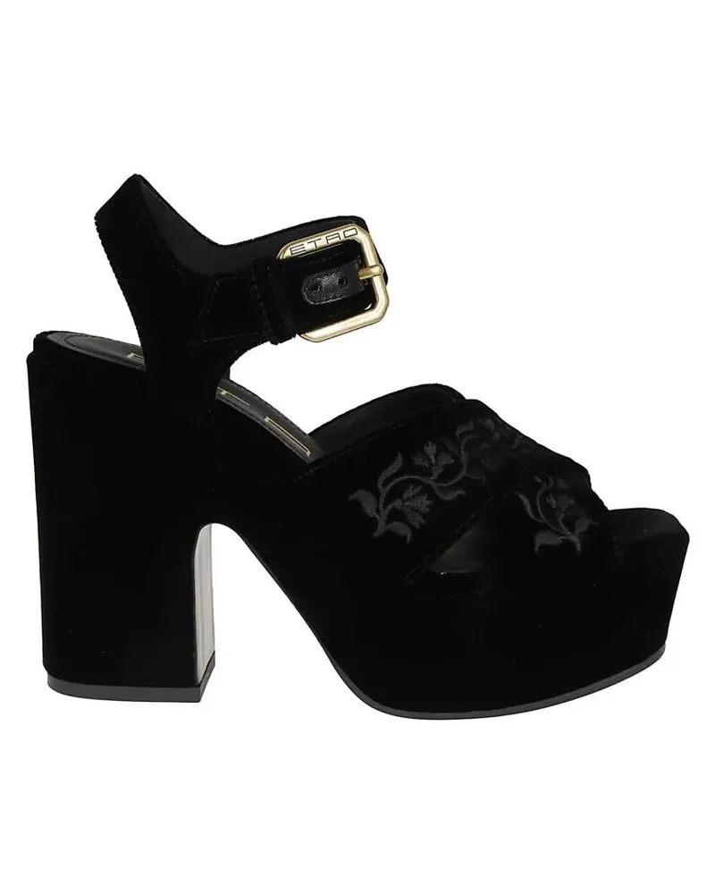 Etro Sandalen Velvet Platform Sandals With Floral Embroidery schwarz Schwarz