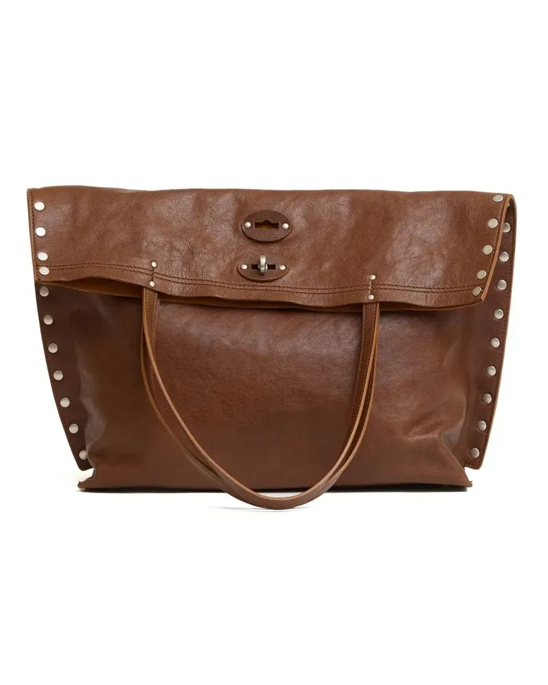 Zanellato Hobo Bags Fold-Over Brown Leather Handbag With Silver Stud D braun Braun