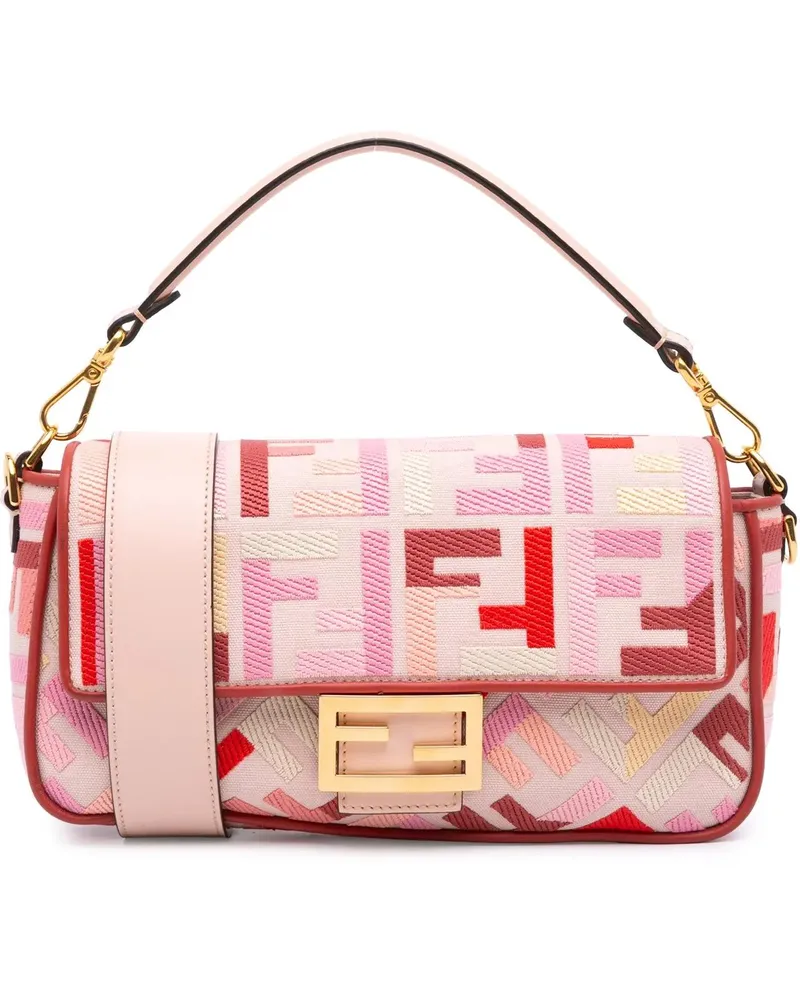 Fendi Hobo Bags Zucca Embroidered Canvas Baguette Satchel rosa Gold