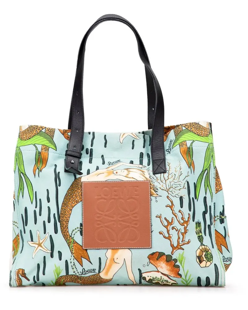 Loewe Shopper Paulas Ibiza Medium Canvas Mermaid Print Tote blau Blau