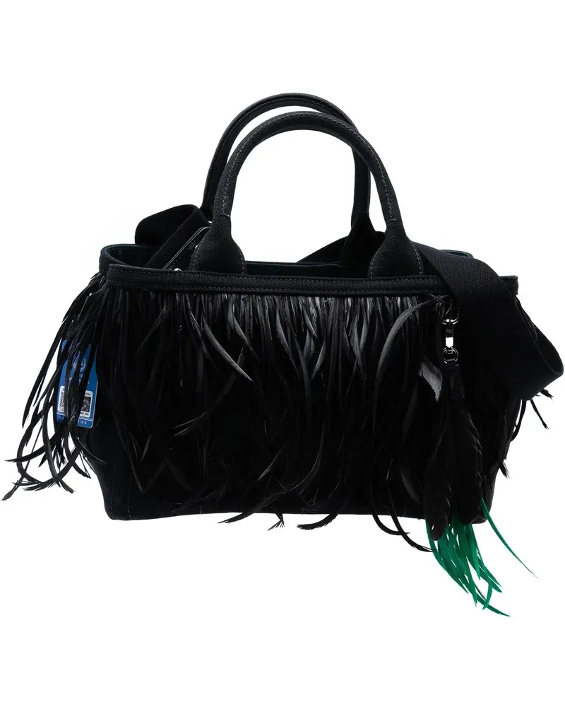 Prada Hobo Bags Small Feather Trimmed Canvas Canapa Satchel schwarz Schwarz