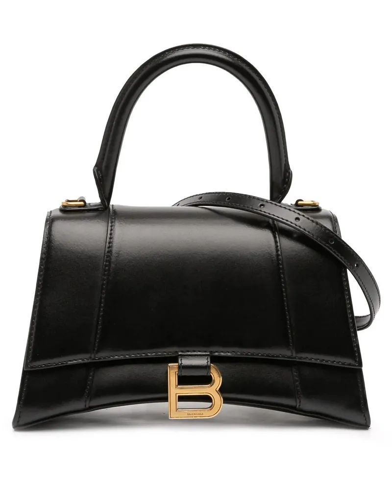 Balenciaga Hobo Bags Small Shiny Box Calfskin Hourglass Top Handle Bag schwarz Schwarz