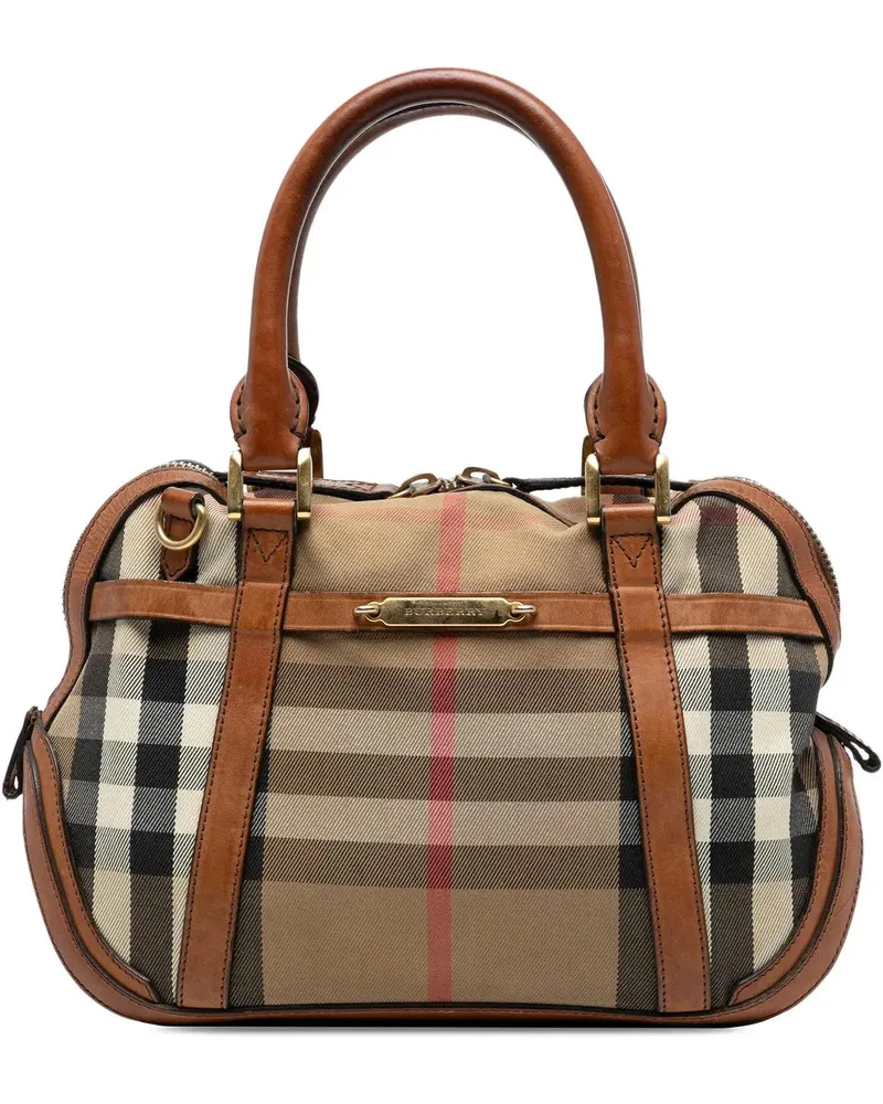 Burberry Hobo Bags Small Leather Trimmed House Check Canvas Bridle Or braun Braun