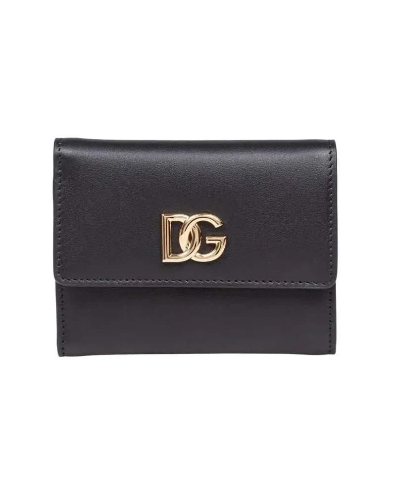Dolce & Gabbana Portemonnaie Black Leather Wallet With Metal Dg Logo schwarz Schwarz