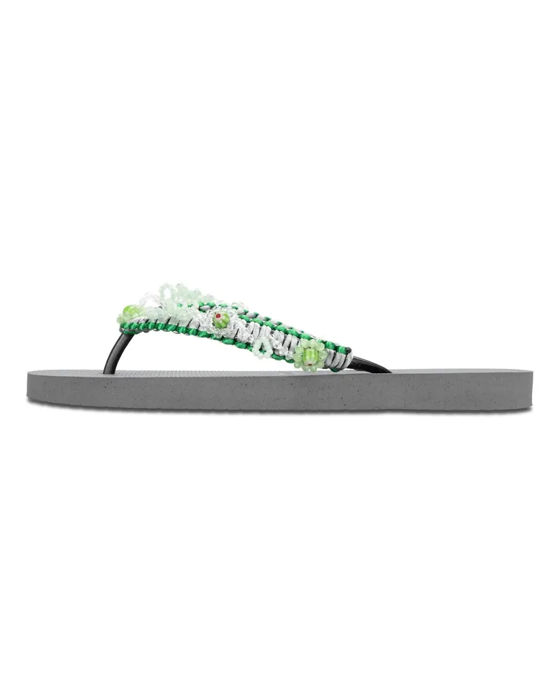 uzurii Slipper & Pantoletten Zehentrenner Macrame Green Blossom silberfarben 