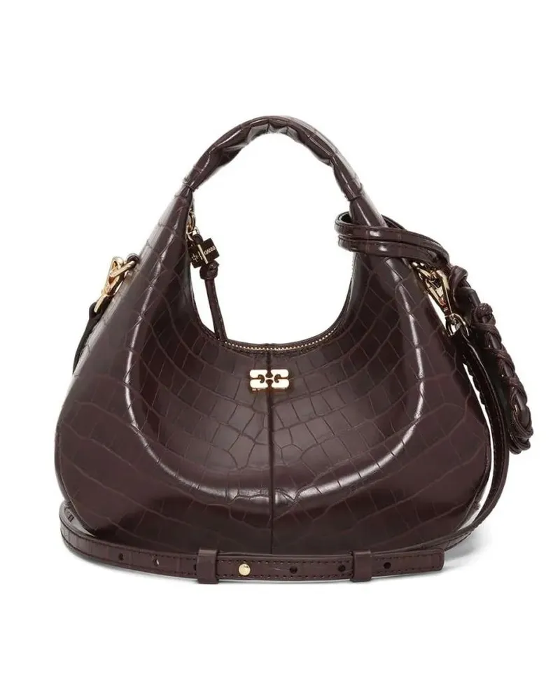 Ganni Hobo Bags Crescent-Shaped Glossy Leather Shoulder Bag schwarz Schwarz