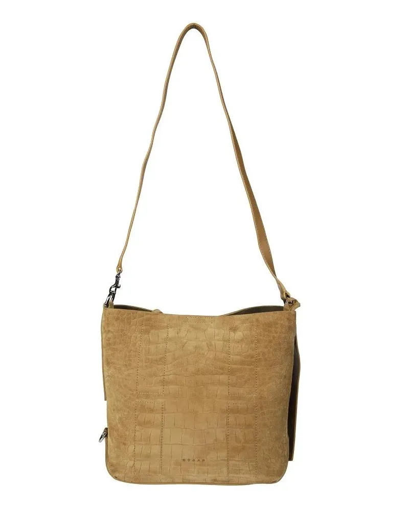 Hogan Hobo Bags Textured Crocodile-Embossed Brown Shoulder Bag Wit beige Beige