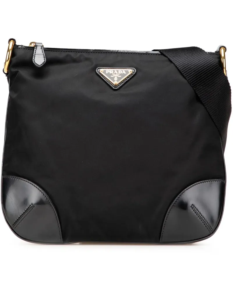 Prada Hobo Bags Vitello Trimmed Tessuto Zip Top Crossbody schwarz Schwarz
