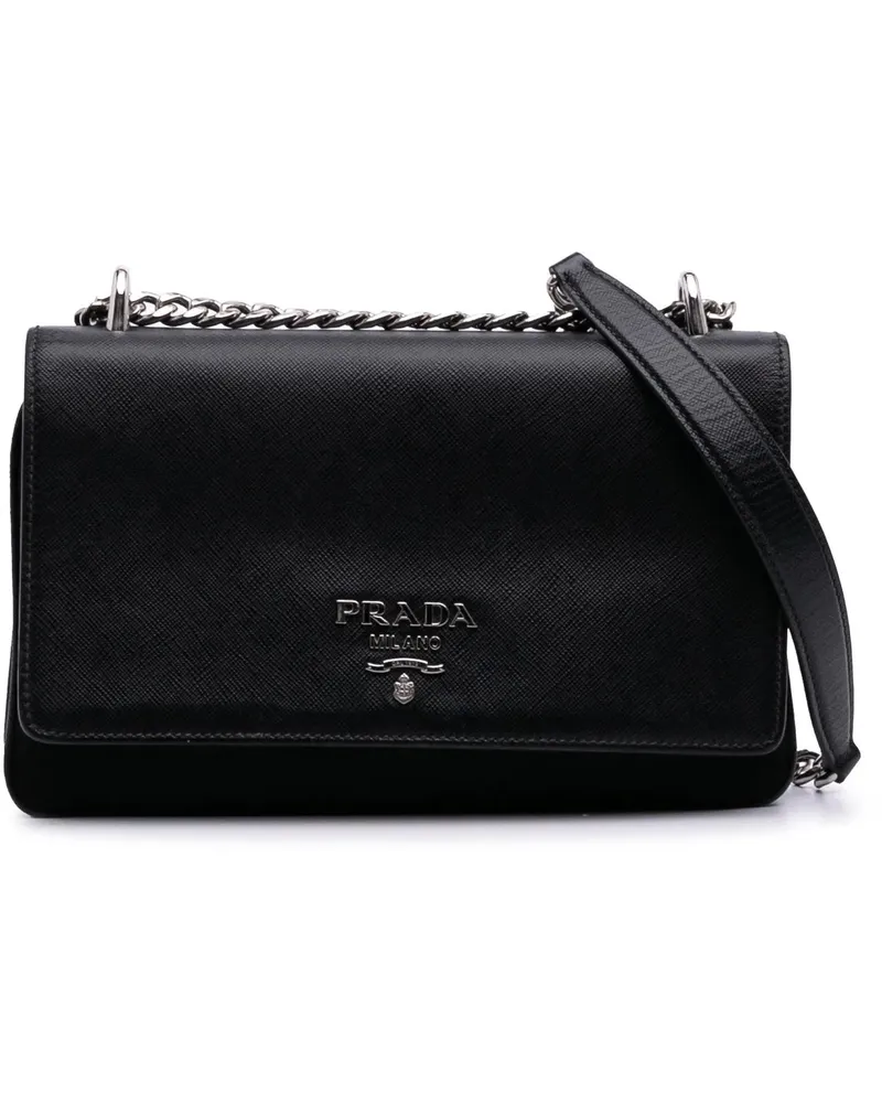 Prada Hobo Bags Saffiano Trimmed Tessuto Chain Crossbody schwarz Schwarz