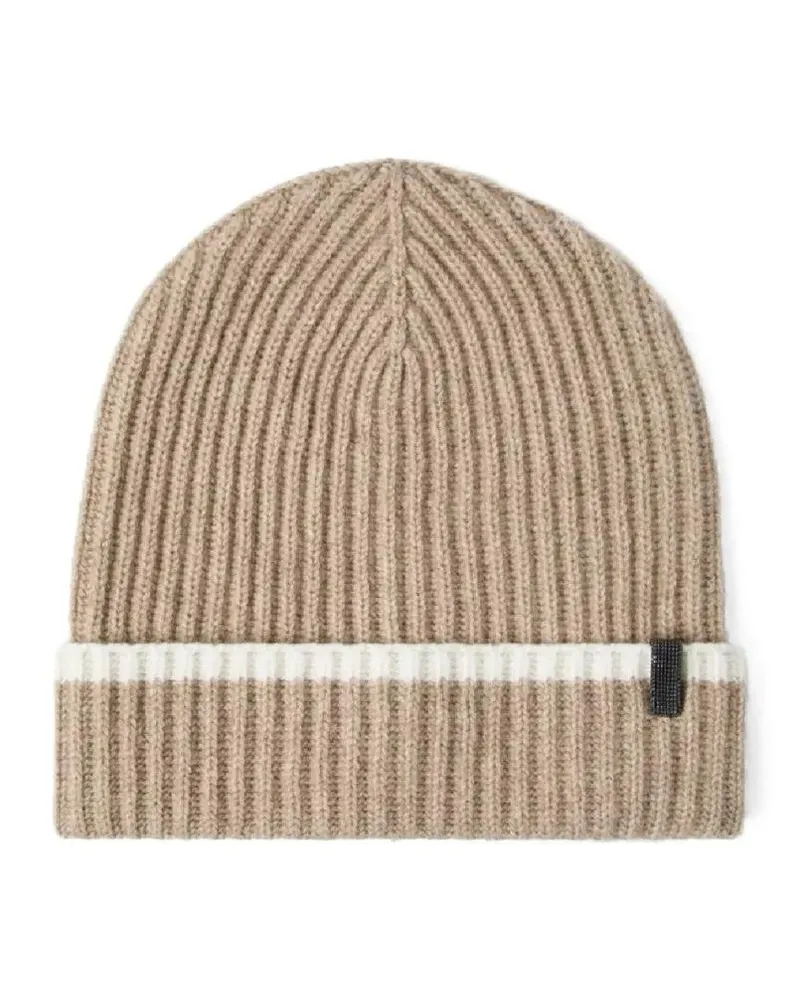 Brunello Cucinelli Caps & Mützen Ribbed Beanie With Contrasting Stripe And Folded C pink Rosa