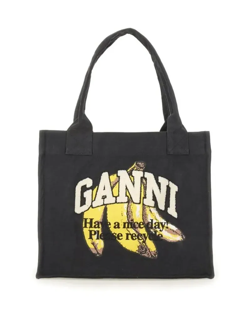 Ganni Shopper & Totes Banana Print Large Tote Bag With Structured Shape schwarz Schwarz