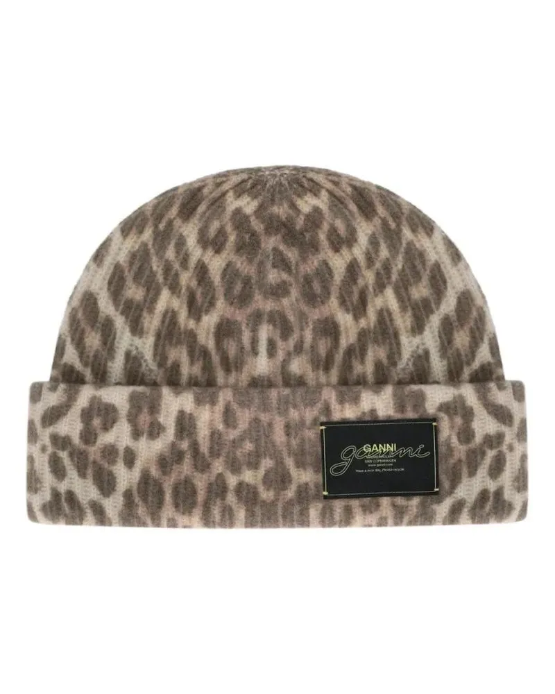 Ganni Caps & Mützen Ribbed Beanie With Animal Print braun Braun