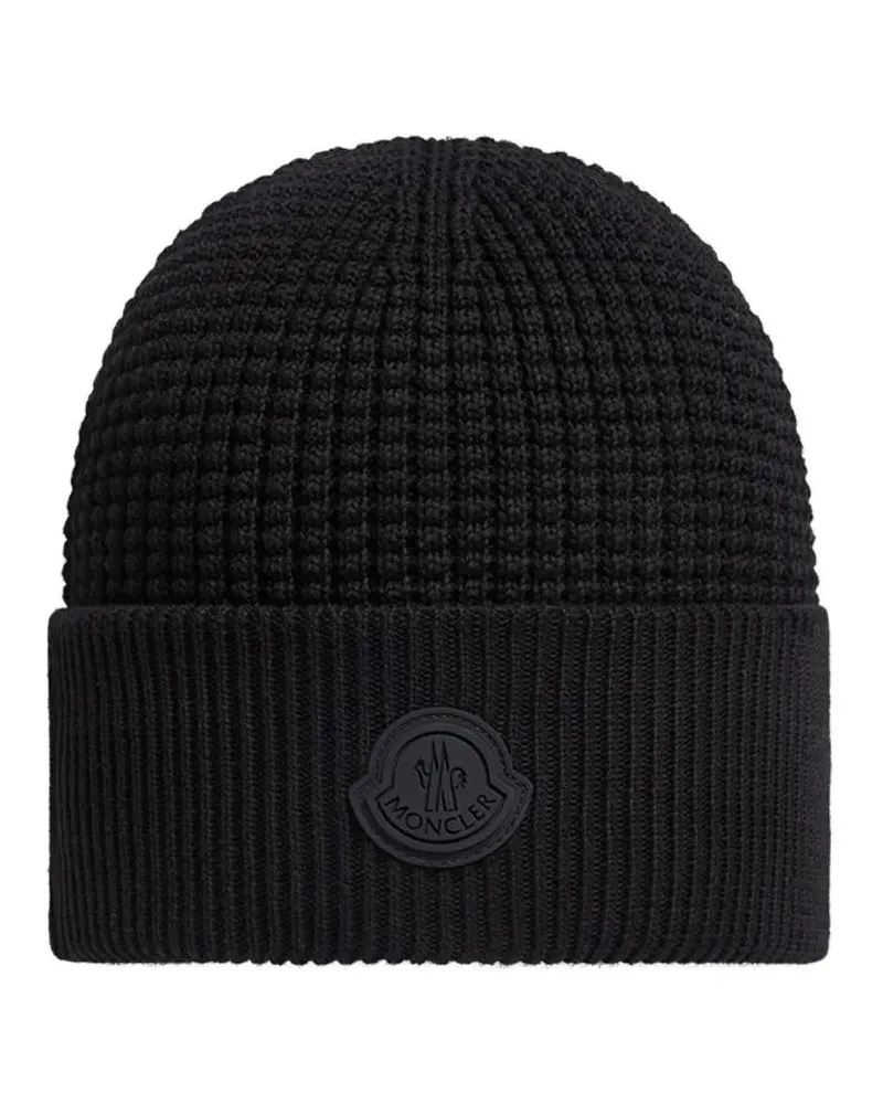 Moncler Caps & Mützen Textured Knit Hat With Prominent Logo Detail schwarz Schwarz